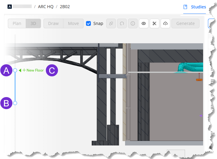 Diagram showing a new floor addition and structural elements in a building design.